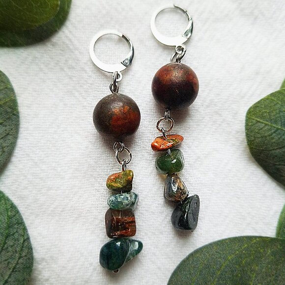 Chunky Boho Earrings, Raw Creek Jasper & Agate Earrings, Stone Hippie Earrings - Picture 1 of 12